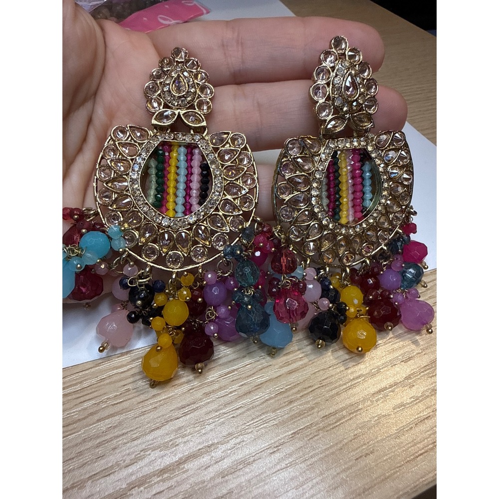 Boho Indian Statement Earrings Gold Tone‎ Multi Color Beaded Crystal Drop
